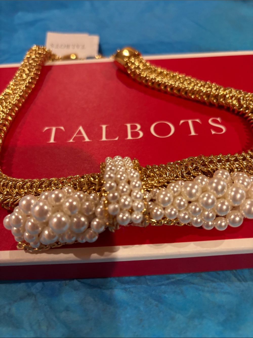 Talbots Gold and Pearl Bow Statement Necklace